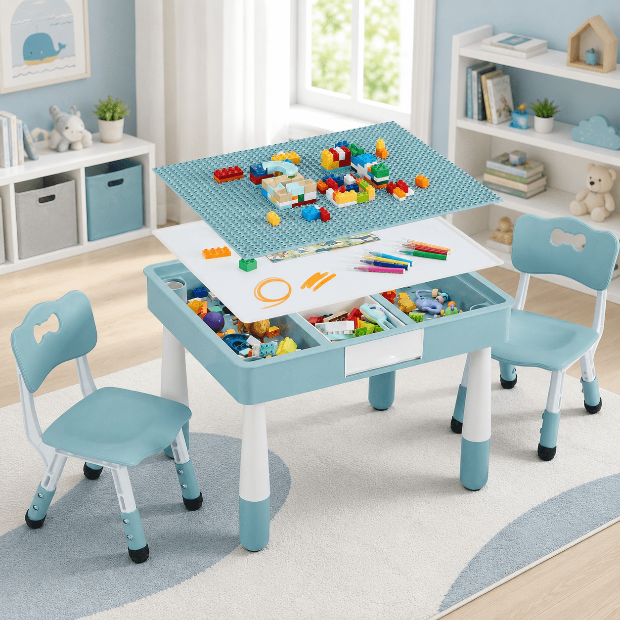 DOREROOM 4 in 1 Kids Table and 2 Chairs Set with Storage, Toddler Table and Chair Set for Kids Ages 3-10, Graffiti & Building Blocks Double-Sided Tabletop (Grayish Blue, 2 Chairs)