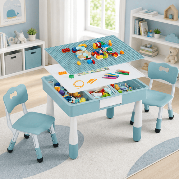 DOREROOM 4 in 1 Kids Table and 2 Chairs Set with Storage, Toddler Table and Chair Set for Kids Ages 3-10, Graffiti & Building Blocks Double-Sided Tabletop (Grayish Blue, 2 Chairs)