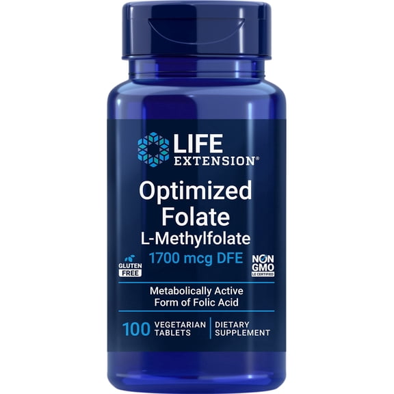 Life Extension Optimized Folate L-Methylfolate 1700 Mcg DFE, Folic Acid Supplement, Cognitive Health, Cardiovascular Health, 100 Vegetarian Tablets