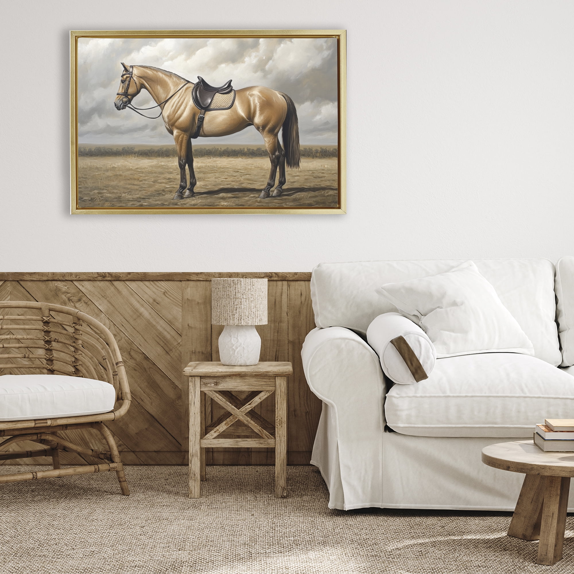 Stupell Industries Shiny Mare Saddled Up Gold Framed Floater Canvas Wall Art, design by Petal Prints Design