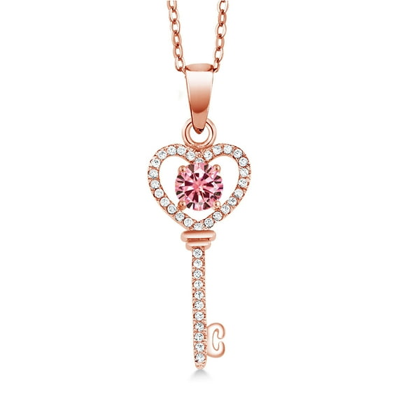 Gem Stone King 18K Rose Gold Plated Silver Key Pendant Round Pink Moissanite and 0.94cttw