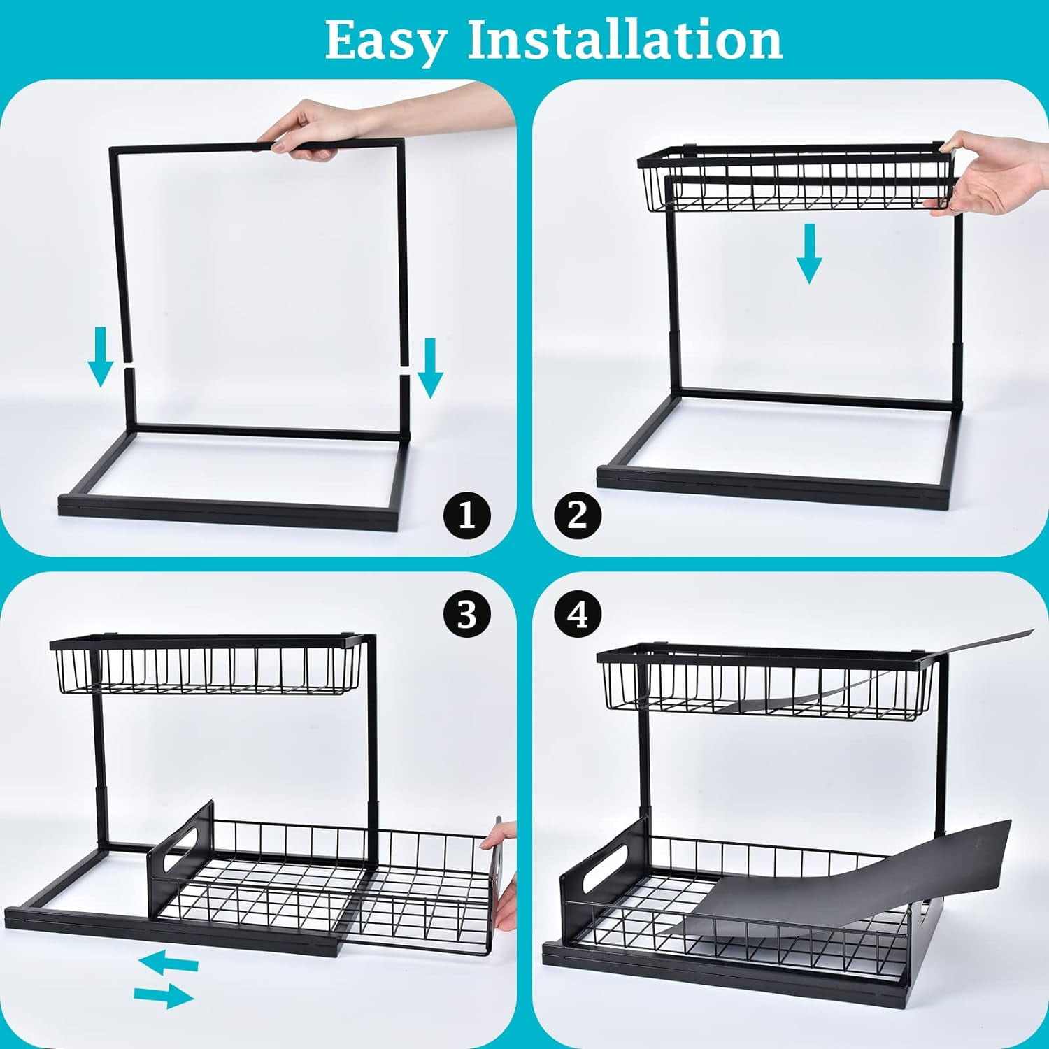 Under Sink Organizer, Pull Out Cabinet Organizer Slide Out Sink Shelf Cabinet Storage Shelves, Storages for Kitchen Bathroom, Black, 2 Pack
