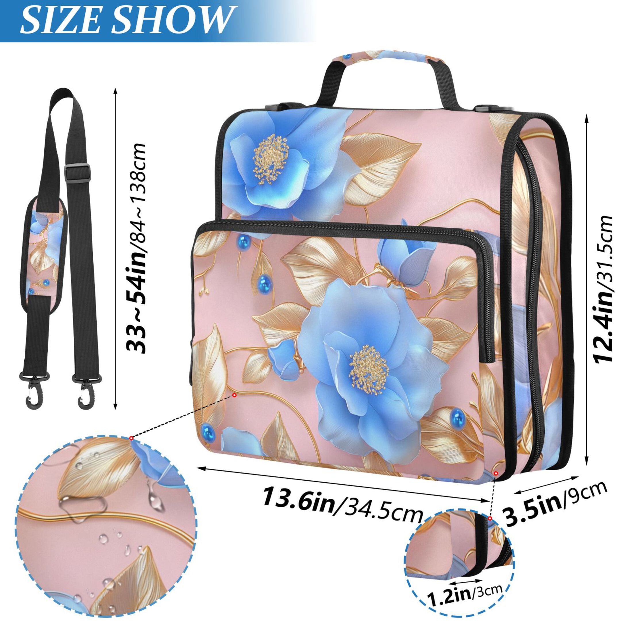 ALAZA Zipper Binder 3d Blue Flowers 3 Ring Trapper Keeper File Folder Organizer Bag