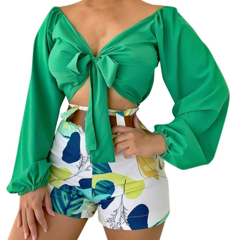 JDEFEG Bathing Suit Material Women S 2 Piece Casual Outfit Sets Long Sleeve  Shirt and High Waisted Print Shorts Set Women's Swimming Shorts with  Pockets Polyester Green L 