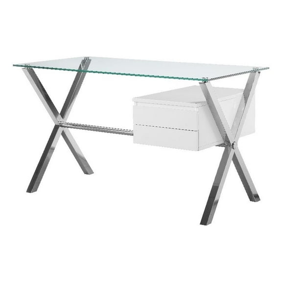 Pemberly Row Small Modern Tempered Glass & Lacquer Wood Desk in White