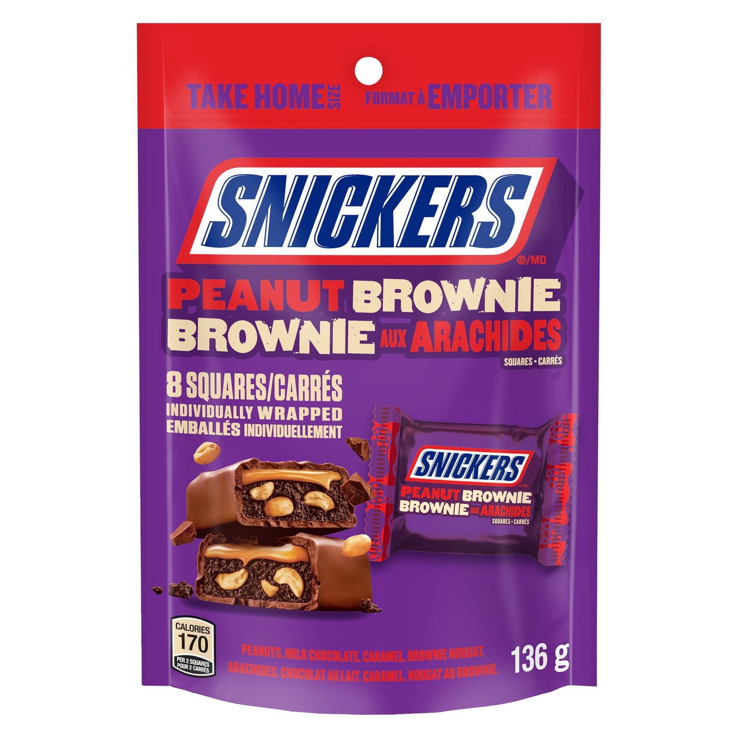 Carrés de chocolat Snickers Brownie aux arachides, sac à partager, 136 g