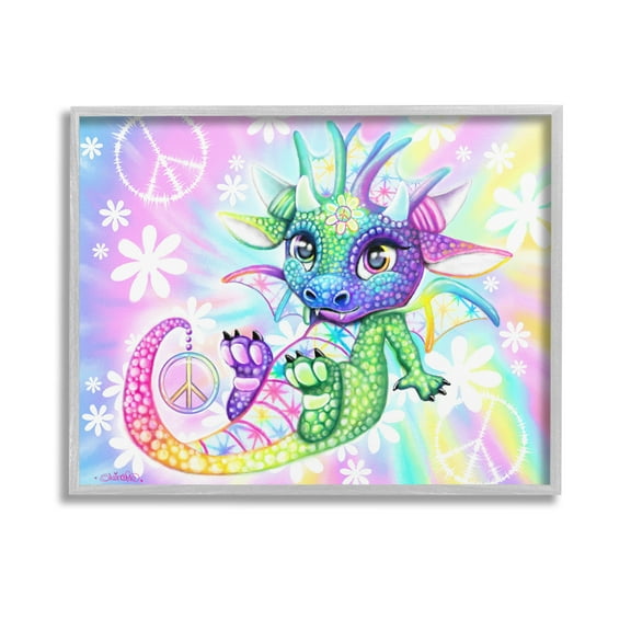 Stupell Industries Groovy Dragon Pattern Fairy Tales & Fantasy Painting Gray Framed Art Print Wall Art, 14 x 11