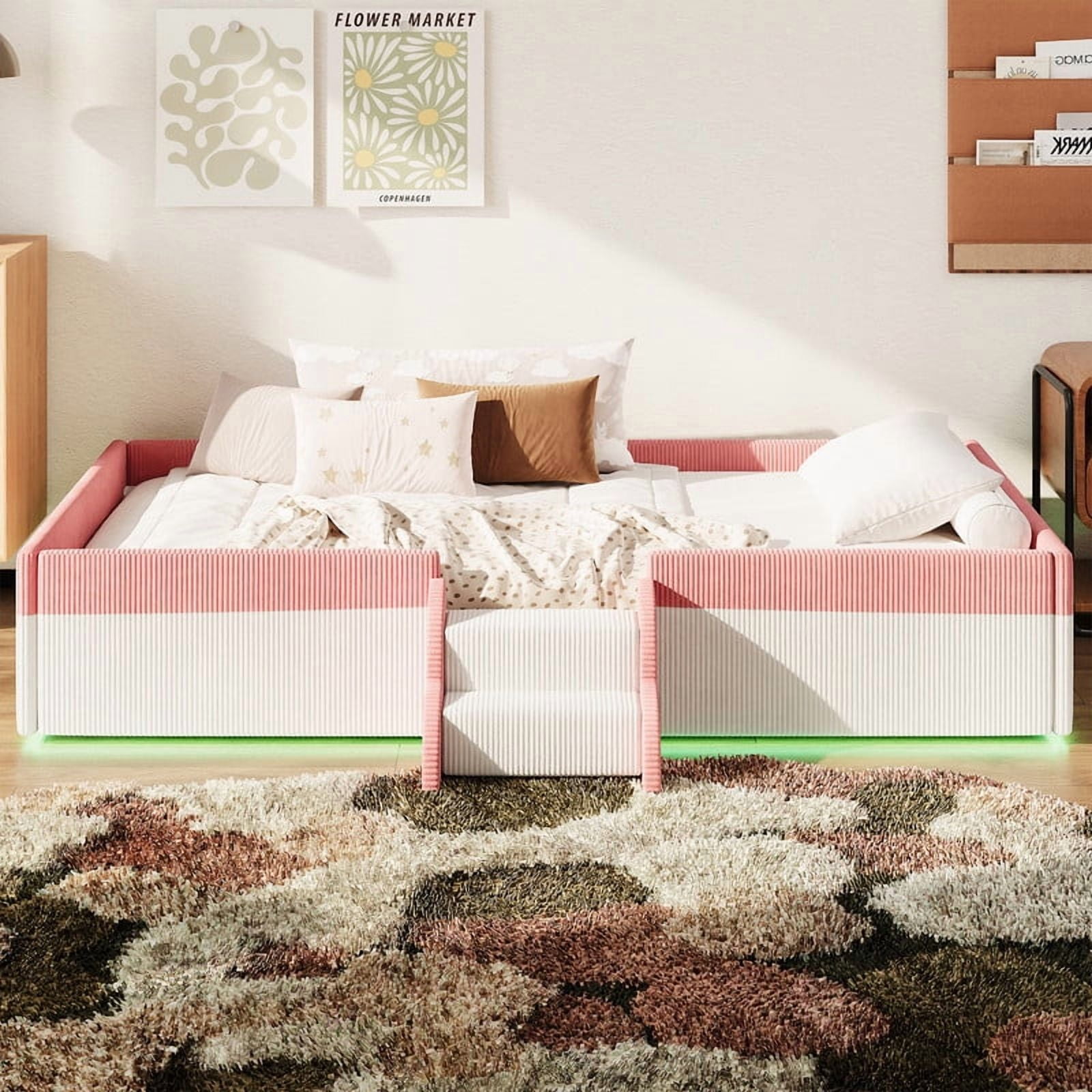 Twin Size Upholstered Floor Bed with Fence, 2-Tier Steps and Smart LED Lights, Corduroy Toddler Bed Platform Bed Frame with Guardrails and Wood Slats