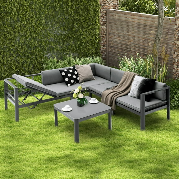 Gymax 3PCS Patio Furniture Set Aluminum Lounge Adjust Back Recliner Sofa Table Cushion