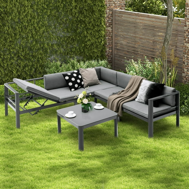 Gymax Ensemble de Mobilier de Patio 3 Pcs en Aluminium pour Salon, Dossier Réglable, Fauteuil Inclinable, Sofa, Table, Coussin