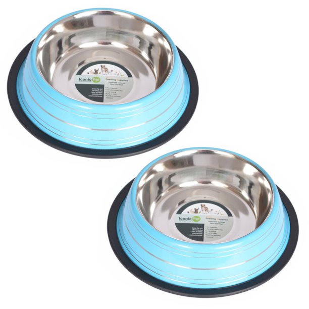 2Pack Color Splash Stripe NonSkid Pet Bowl, For Dog or Cat, Blue, 24