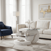 LUFTUT 35.4" Modern Glass Coffee Table, 3-Tier 42" Round Tempered Glass, White Marble-Look MDF Base, Coffee Table with Storage for Living Room, Easy Assembly