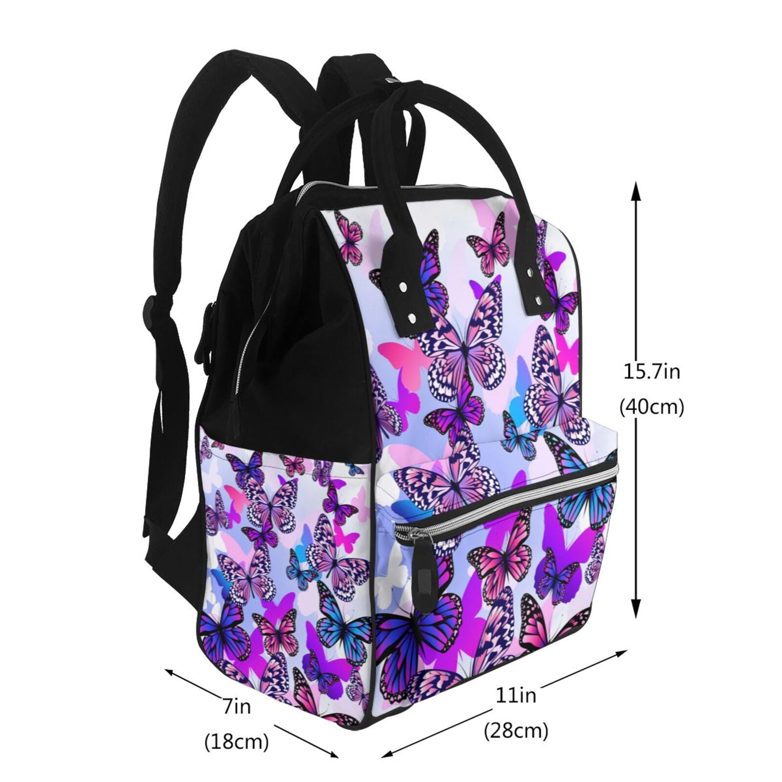 Ratiio Flying Butterflies Mummy Backpack - Waterproof Twill Canvas, Large Capacity Diaper Bag with Multiple Pockets and Adjustable Straps