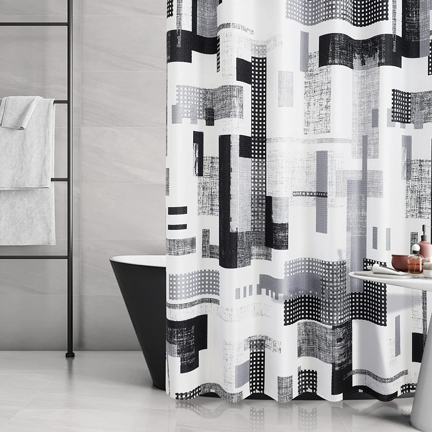 Shower Curtain Black and Grey Shower Curtain for Bathroom Black and White Shower Curtain Set Water Repellent Geometric with Heavy Duty Gray Bathroom Curtain for Hotels Bathtubs, 72x72