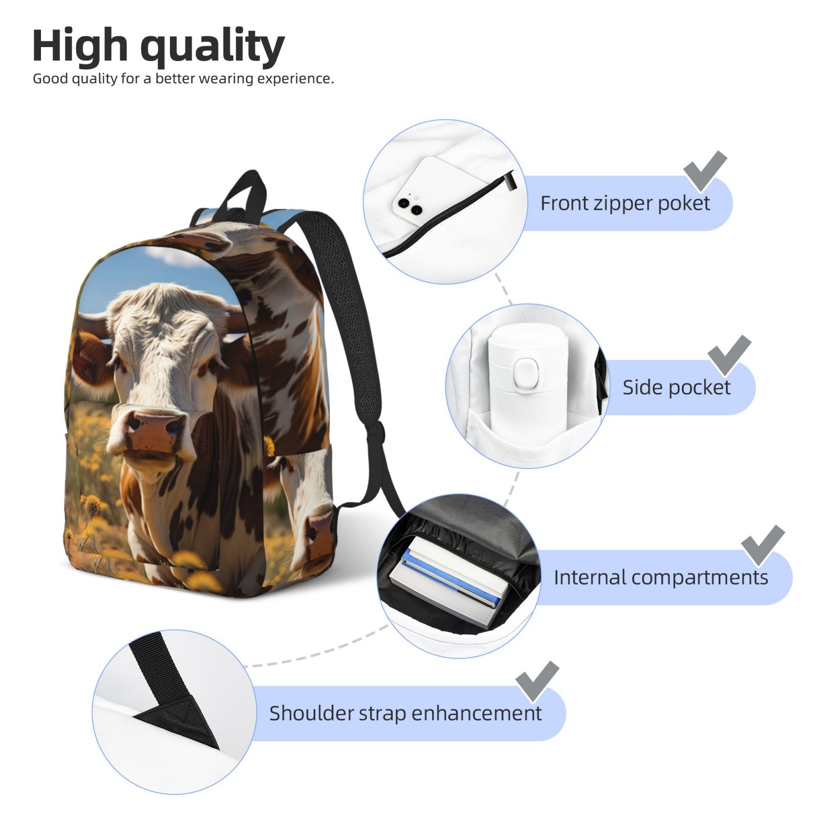 Vsdgher Countryside Flower Cow Print Canvas Backpack Travel Rucksack Unisex Knapsack 15.7/17.7Inch Laptop Backpack for Work,College -Small