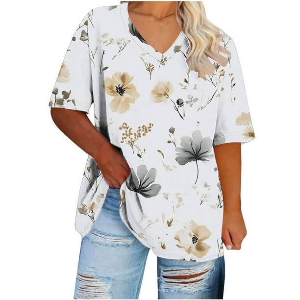 Puntoco Liquidación de blusas cortas para mujer Camisa básica estampada de manga corta con cuello en V y talla grande para mujer