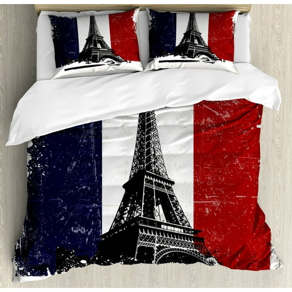 France Duvet Cover Set Queen Size, Grunge Weathered Design National French Flag with Eiffel Tower, Decorative 3 Piece Bedding Set with 2 Pillow Shams, Coconut Vermilion Indigo Black, by Ambesonne