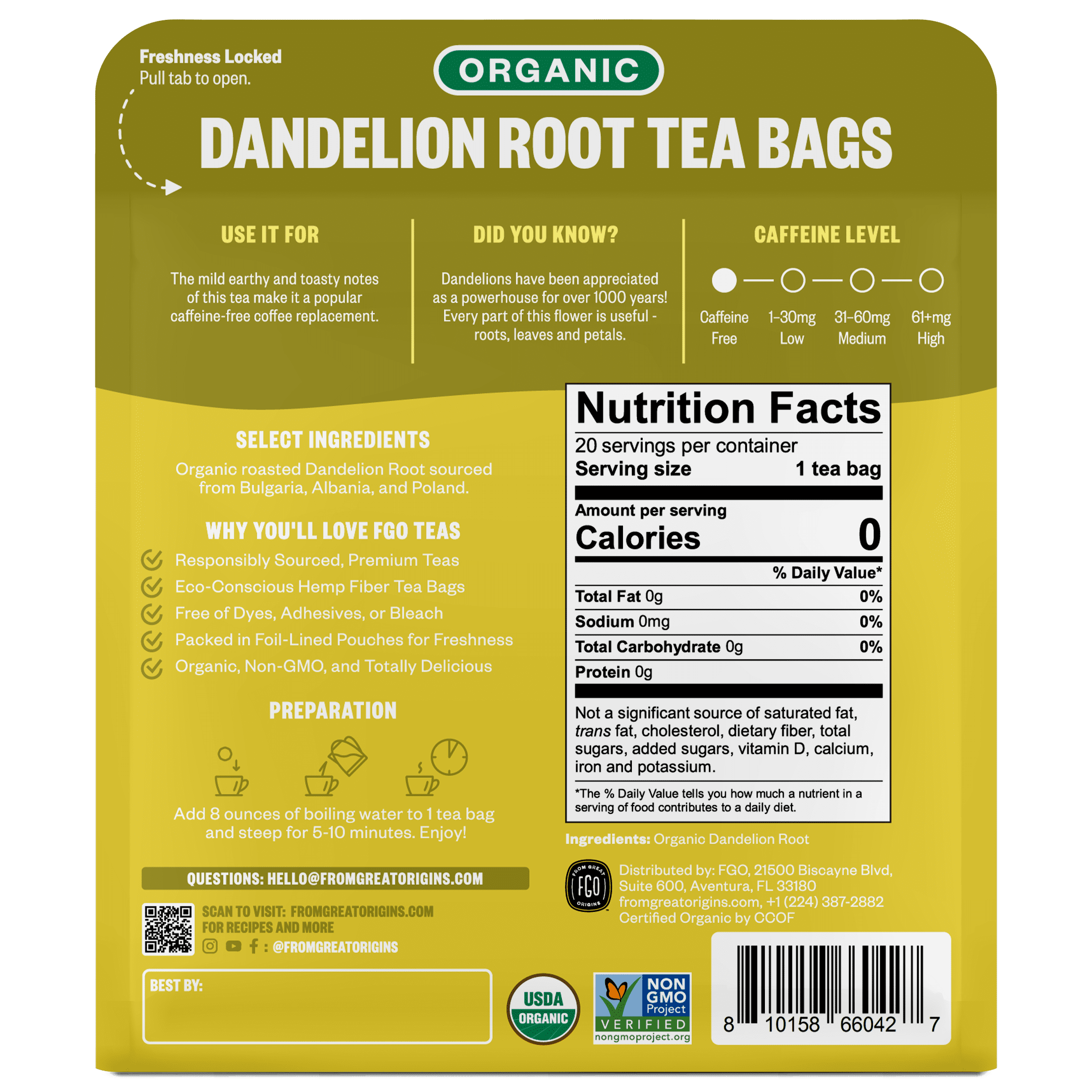FGO Dandelion Root Tea, Organic, 20 Count