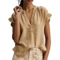 thumbnail image 4 of LEKODE Cotton Linen Tops for Women Lace Top Peasant Blouses Oversized T-shirts Cute Shirts Lightweight Linen Blouses V Neck Roll Up Sleeve Blouses Stylish Tops for Women Khaki M, 4 of 7