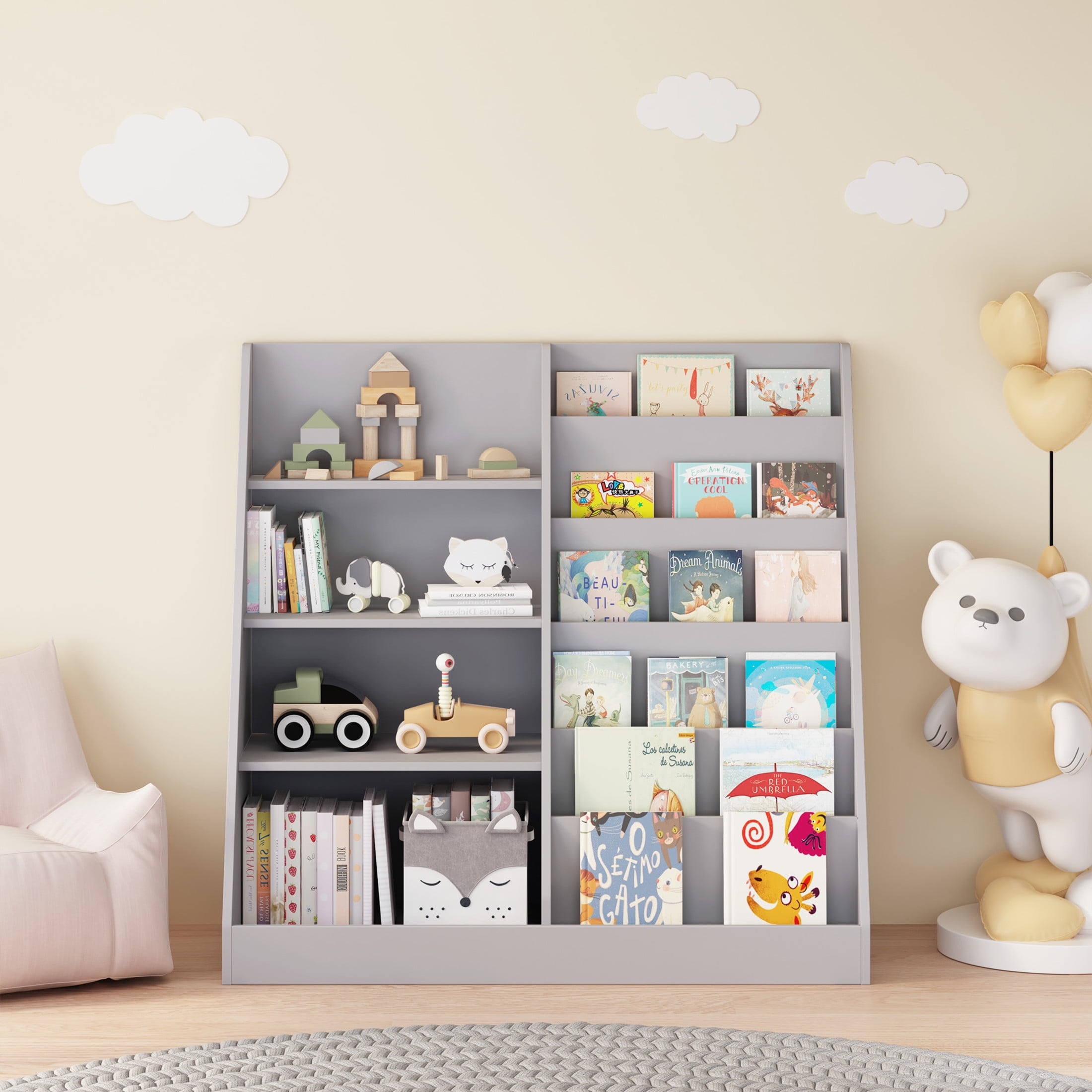 Noble House Polly Kids Display Bookshelf, Toy Storage Organizer, 4-Tier Wooden Bookcase with Bin Cabinet, Gray