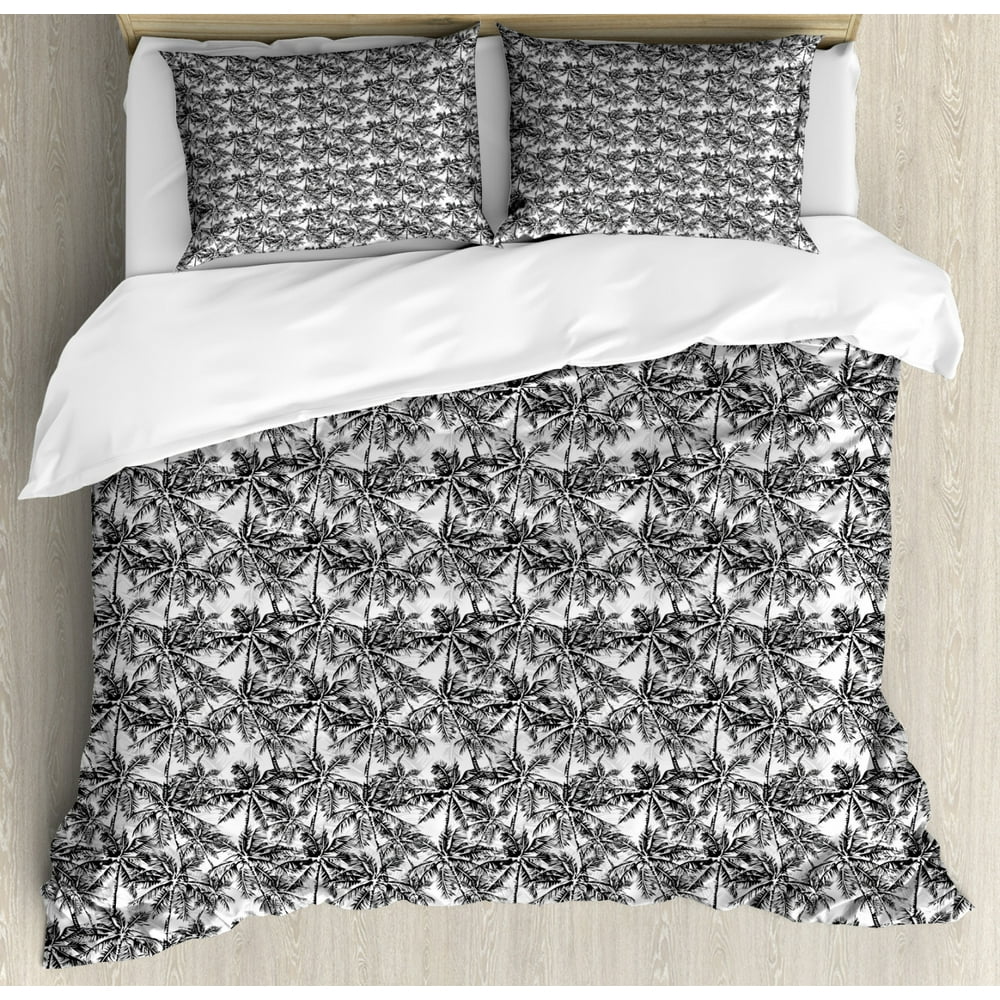 Palm Tree Duvet Cover Set, Monochrome Woodland Pattern Depicting Black Palm Tree on a White