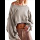 thumbnail image 3 of Sudadera Corta para Mujer, Cuello Redondo, Larga, Talla Grande, Otoño-Invierno 2025, Estilo Jersey Holgado. Gris XL, 3 of 10