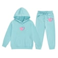 thumbnail image 2 of GobdXE Girls 2 Piece Fall Winter Tracksuit Double Intertwined Heart Print Pullover Hoodie with Kangaroo Pocket and Drawstring Jogger Pants Casual Kids Clothing Set 4-5 Years,Sky Blue, 2 of 3