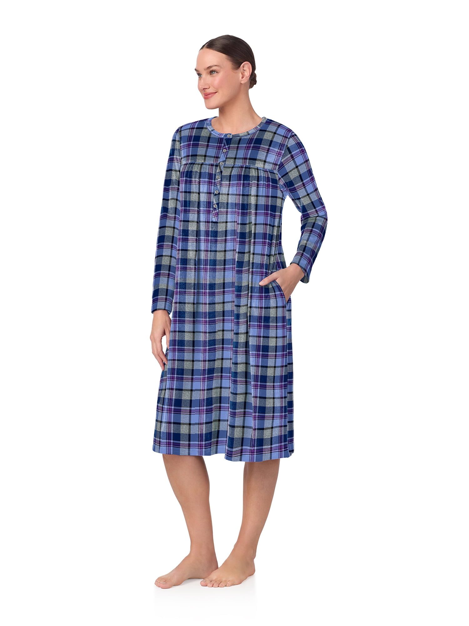 Aria Women’s Long Sleeve Stretch Velour 44" Sleepwear Nightgown, Sizes XS-5X