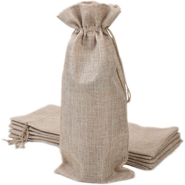 6 fundas/bolsas reutilizables de arpillera para botellas de vino tinto o champán con cordón (bolsas de arpillera beige, 6,3" de ancho x 14,2" de largo)