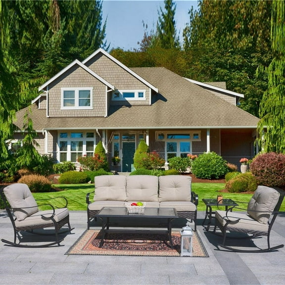Outdoor Wicker Patio Conversation Furniture Set 5-Piece Patio Iron Leisure Rocking Chair Set