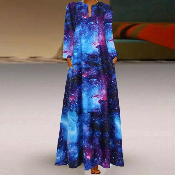Babysbule Dresses For Women Plus Size Graphic Print Daily Casual Long Sleeve Vintage Bohemian V Neck Maxi Dress