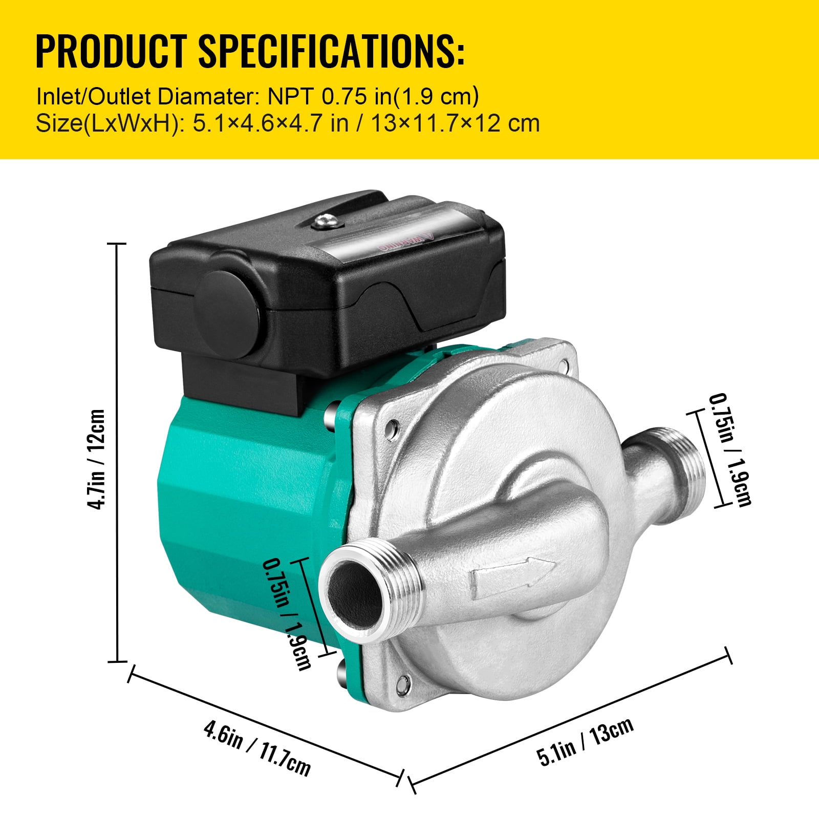 KFFKFF Recirculating Pump, Three Speed Control, 93w 110v Water Circulator Pump, Stainless Steel Pump Head, Automatic Start Circulating Pump NPT 3/4" w/Brass Fittings,