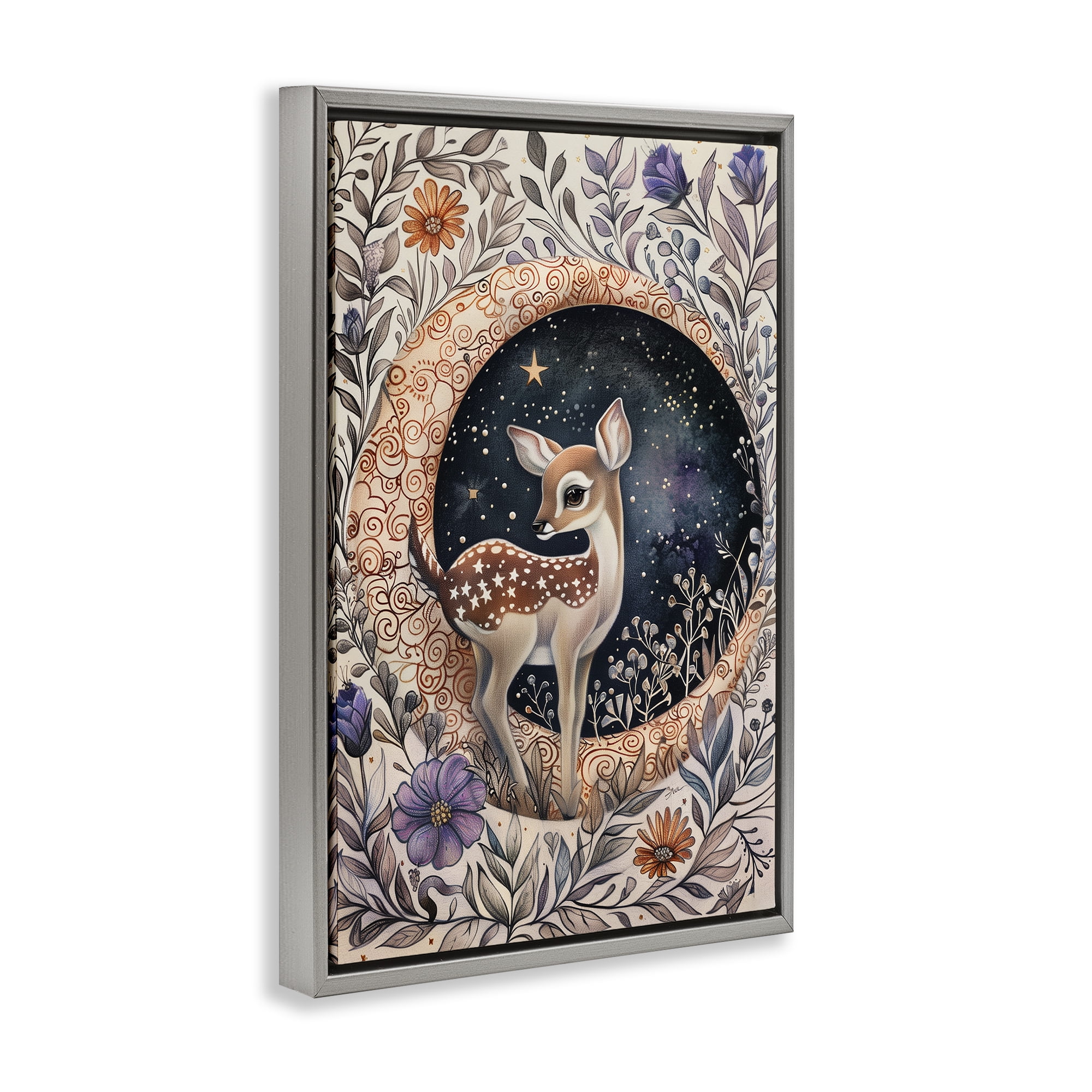 Stupell Industries Floral Fawn & Moon Animals & Insects Painting Gray Floater Framed Art Print Wall Art, 17 x 25