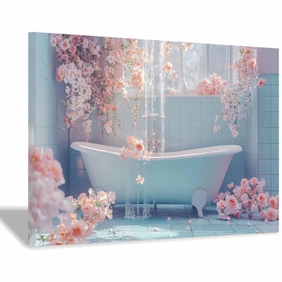 Mudket Framed Canvas Wall Art Blush Pink Rose Flower Blue Tile Bathroom Prints Wall Decor Romantic Floral Canvas Print Ready to Hang for Bathroom Bedroom Home Decor - 12"L x 8"W
