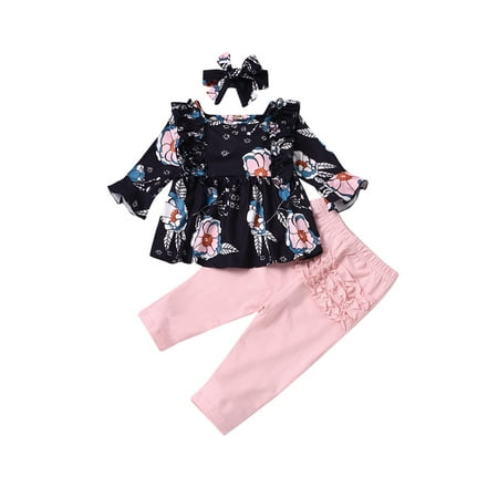 

Sunisery Toddler Baby Girls Clothes Floral Long Sleeve Shirt Tops Pants Headband 3Pcs Outfits Navy Blue 4-5 Years
