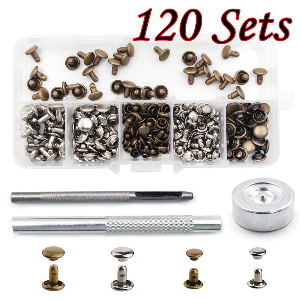 120 Set Leather Rivets Double Cap Rivets Metal Fixing Tool Kit for Leather Craft 