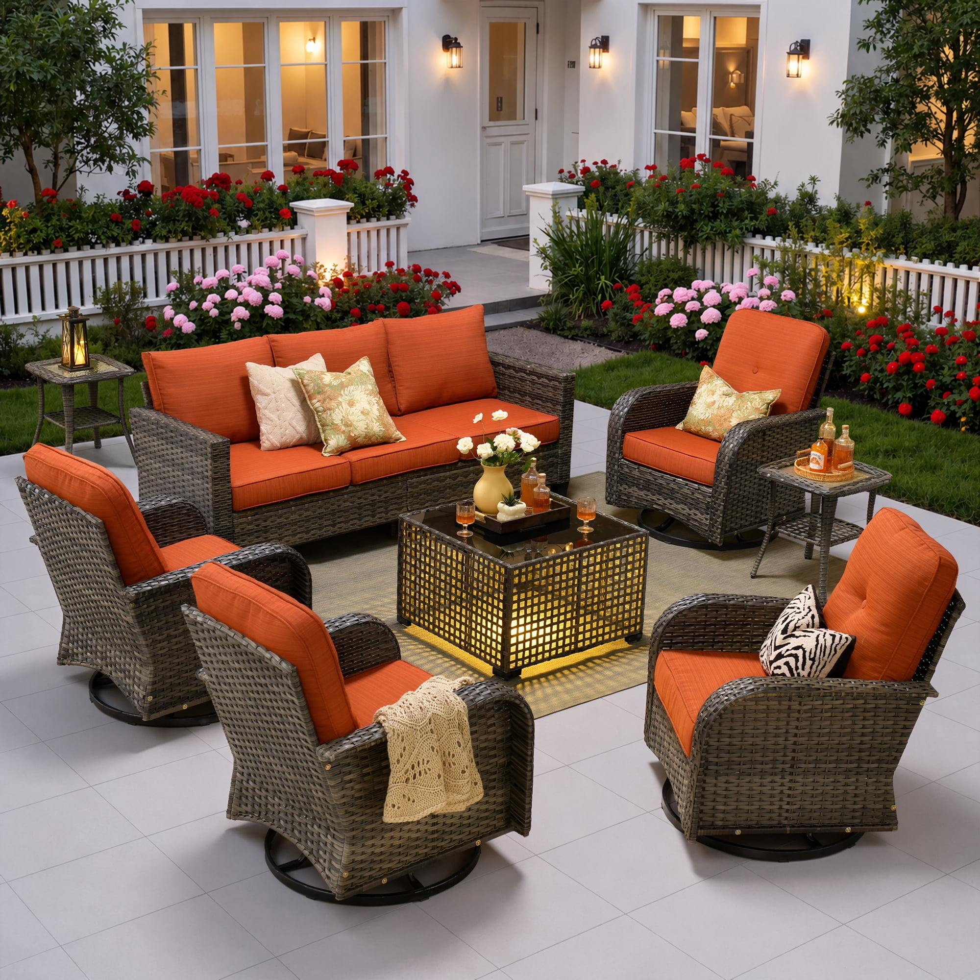 Ovios 8 Pieces Patio Furniture Set Outdoor Conversation All-Weather Rattan Sectional Sofa with Swivel Chairs & Solar Light Table