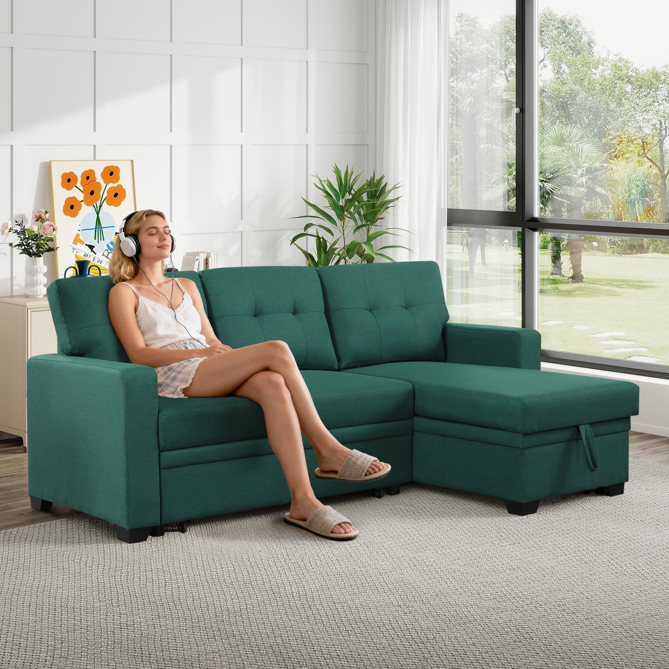 Aukfa Premium Pull-Out Sleeper Sofa Bed with Storage Chaise, Contemporary 3-Seater Couch for Living Room, Green