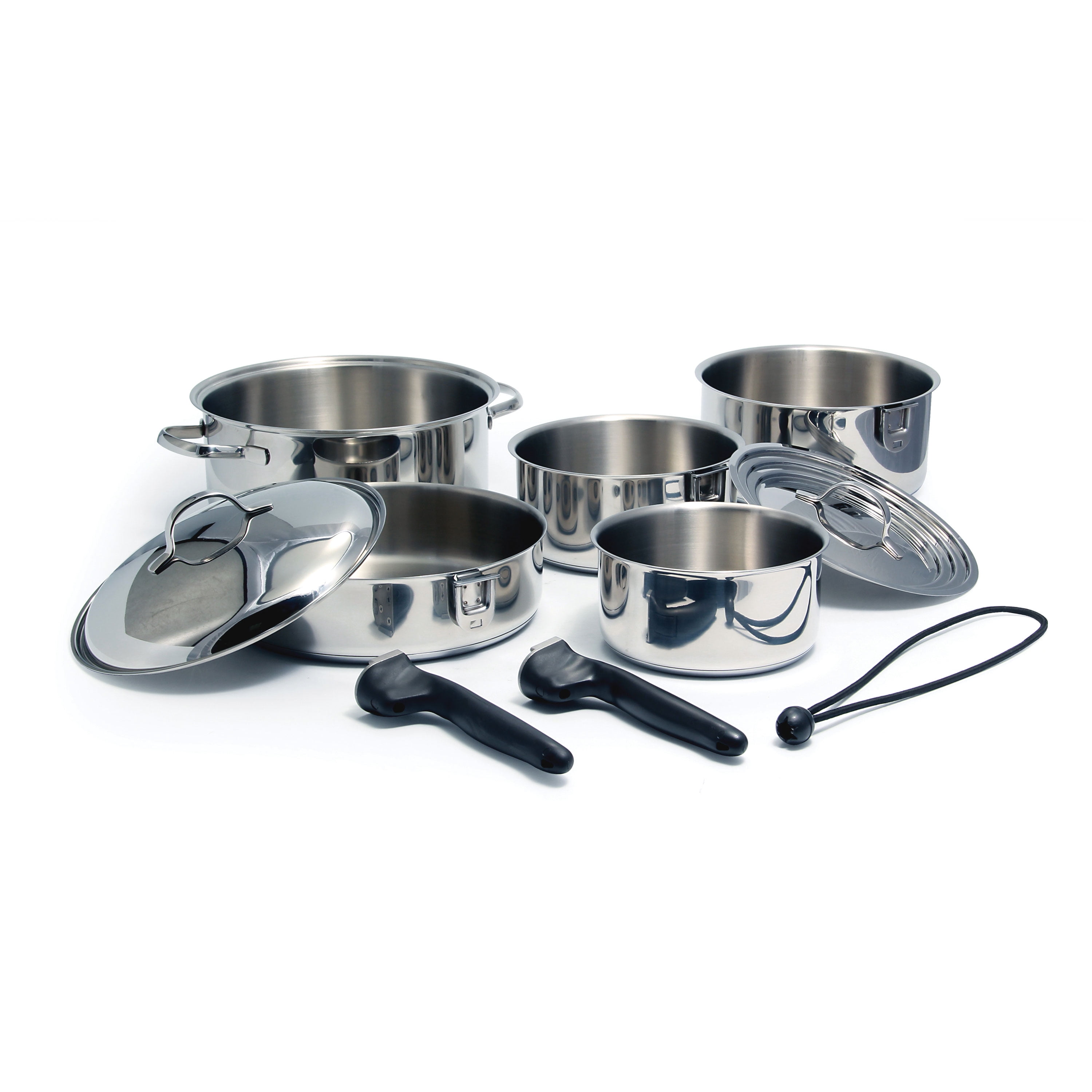 Camco Stainless Steel Nesting Cookware Set Non Stick Pans and Pots with Removable Handles