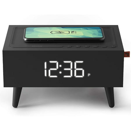 SHARPER IMAGE Clock Radio with Wireless Qi Phone Charger with Interchangeable Legs and Backup Battery