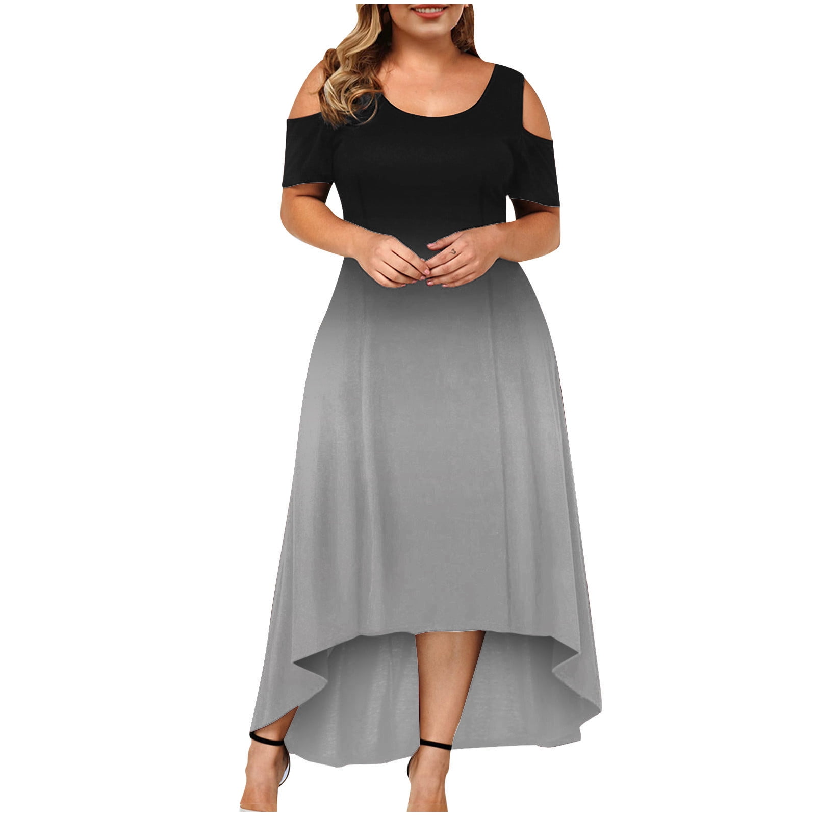 Topllc Women Plus Size Dresses Short Sleeve Cold Shoulder Casual T Shirt Swing Dress With Pockets Formal Dress Women Grey