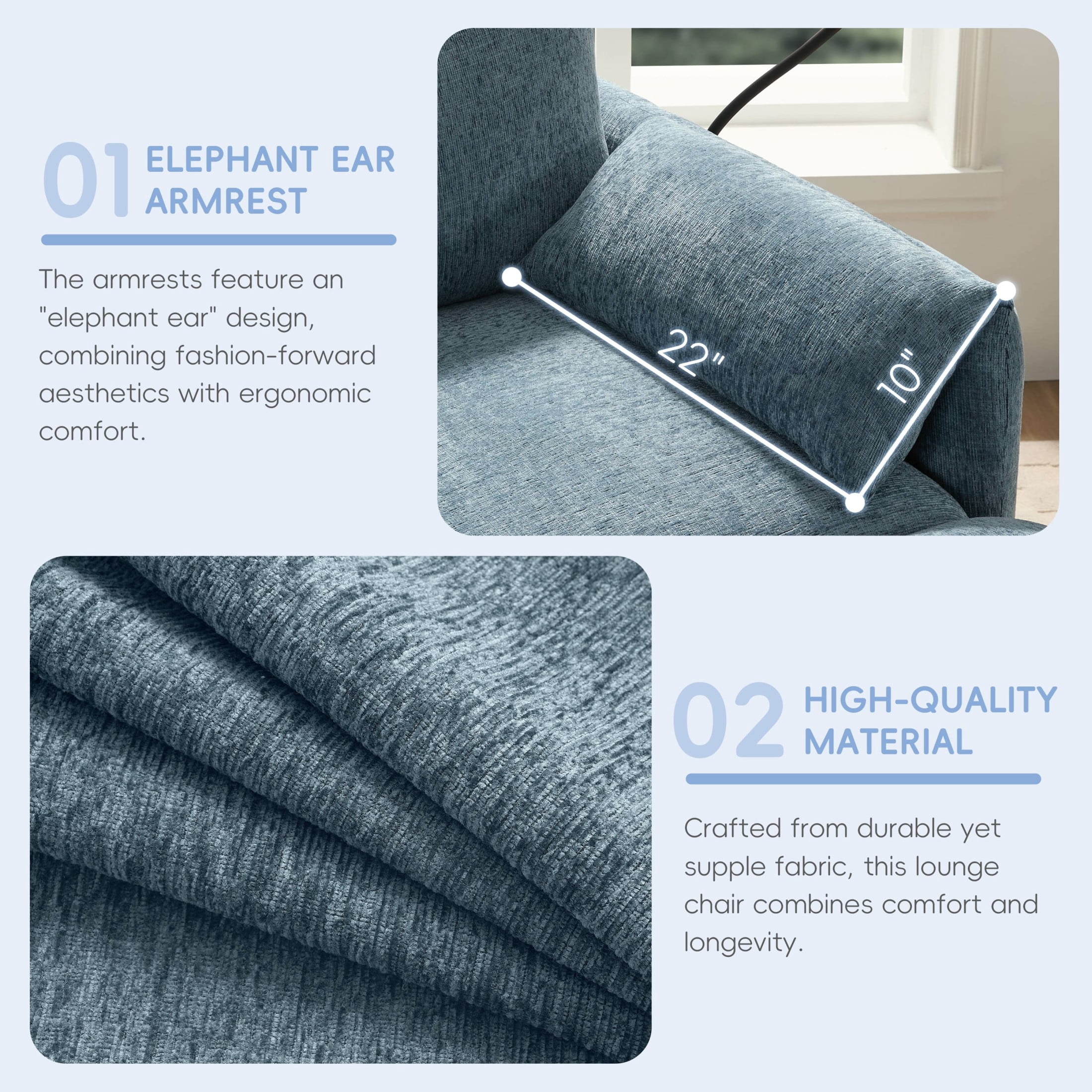 Noble House Odette 37" Chenille Upholstered Armchair with Storage Ottoman and Charging Port, Cloud Chaise Lounge, Blue
