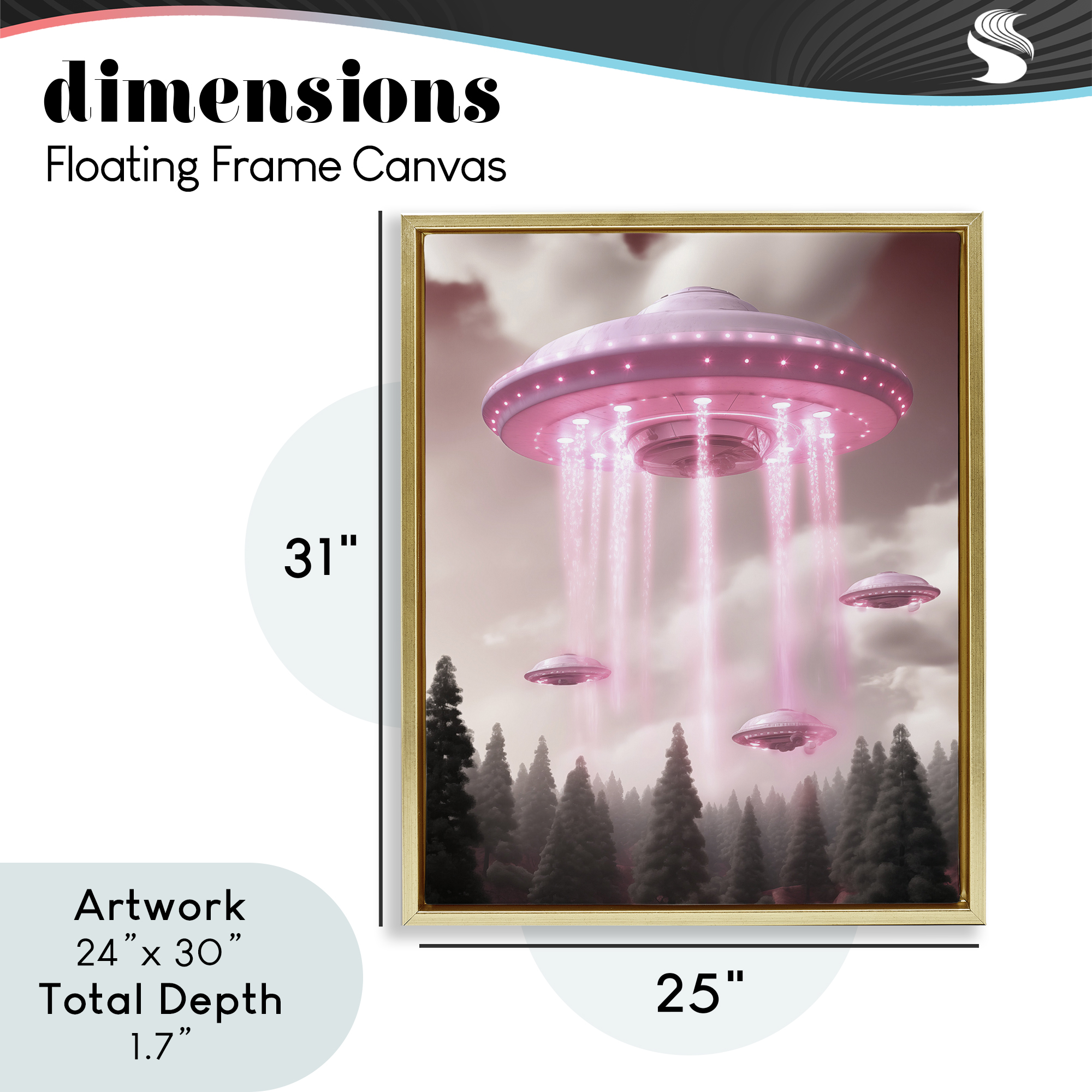 Glam UFO with Pink Beams Gold Framed Floater Canvas Wall Art, design by Sasha