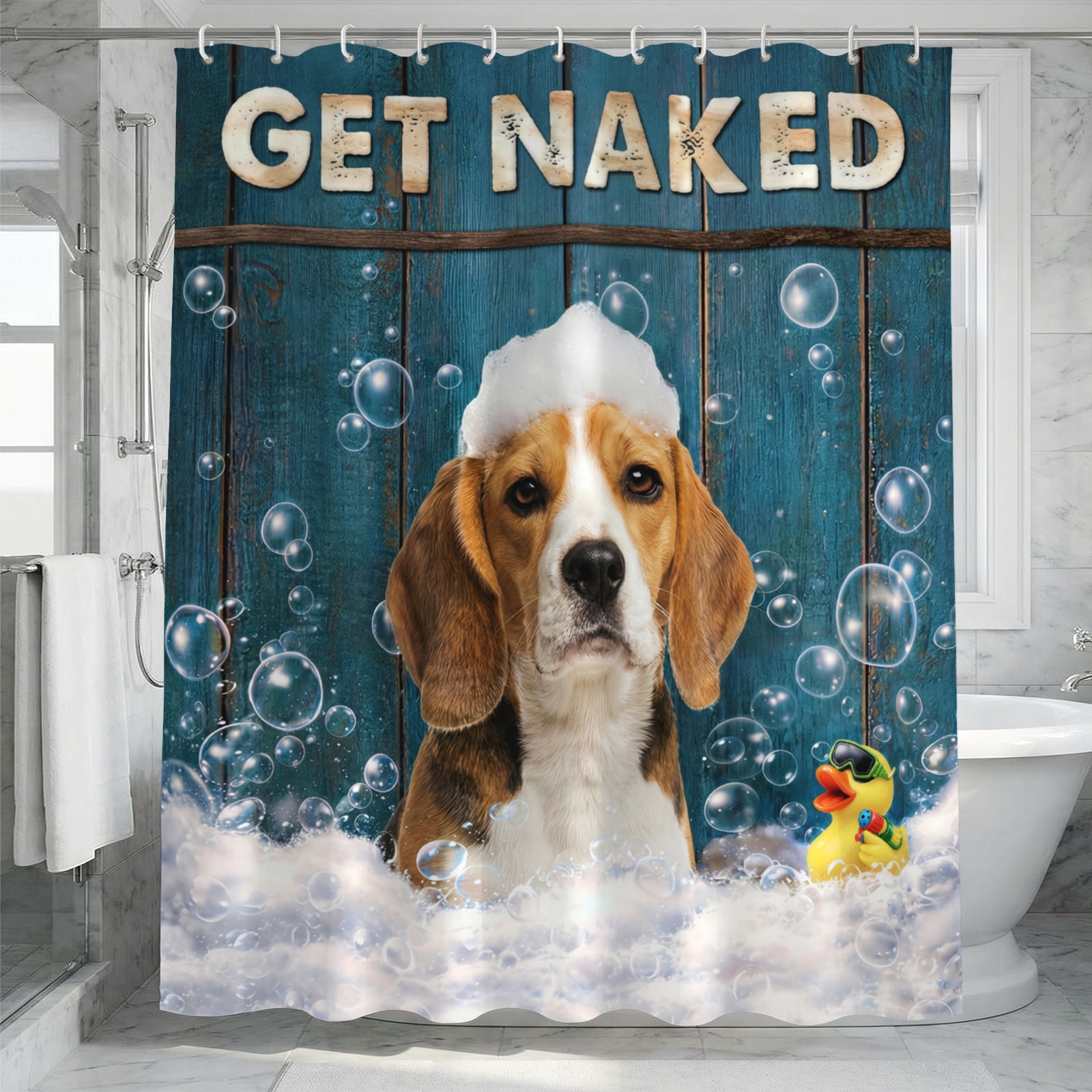 Beagle Puppy Shower Curtain Funny Dog Theme, "Get Naked" Bathroom Accessories for Dog Moms & Dads, Waterproof Fabric Bathroom Decor for Pet Lovers - 72"x72"