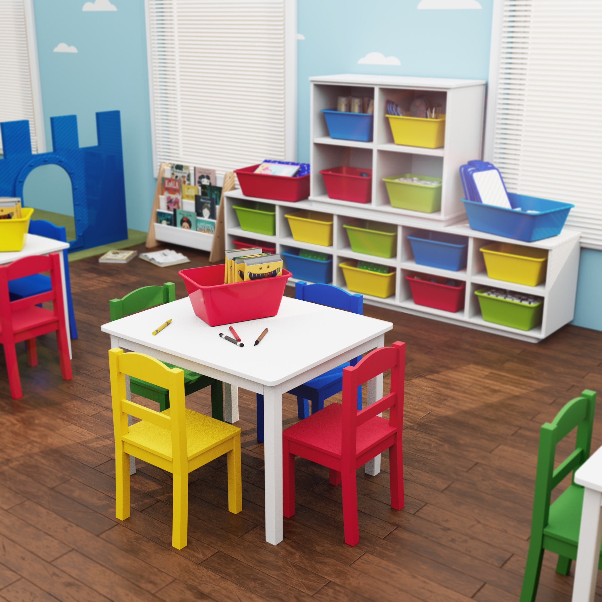 Humble Crew Kids 5-Piece Wood Table and Chair Set, White and Primary Colors