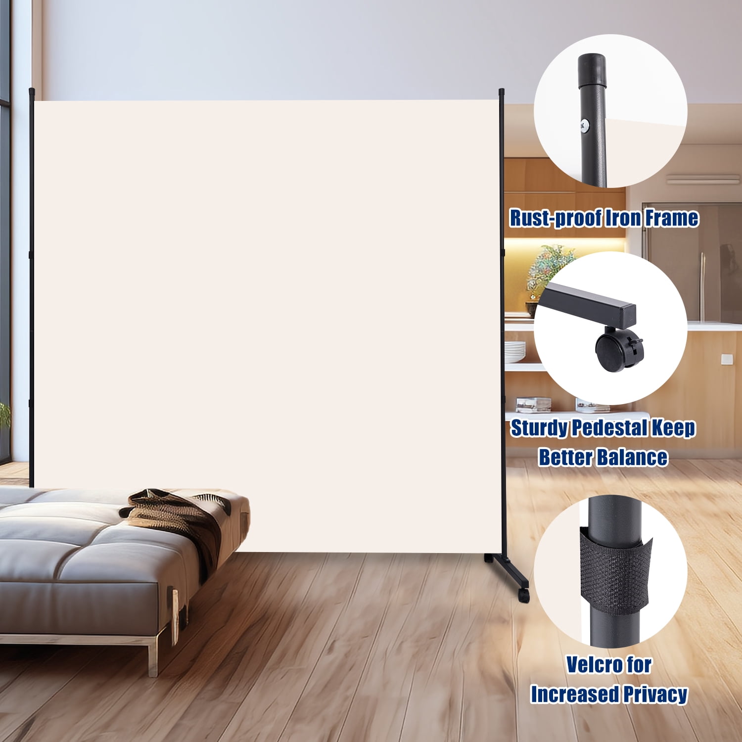 Room Divider Single Fabric Panel Privacy Screen W/Wheel, 71''X 72''Wide Portable Wall Divider for Room Separation, Upgrade Room Divider Screen 6 FT Partation Room Dividers for Home, Office, School