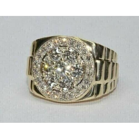 14k Yellow Gold Plated 3Ct Round Cut Lab-Created Diamond Cluster Men's Gift Ring