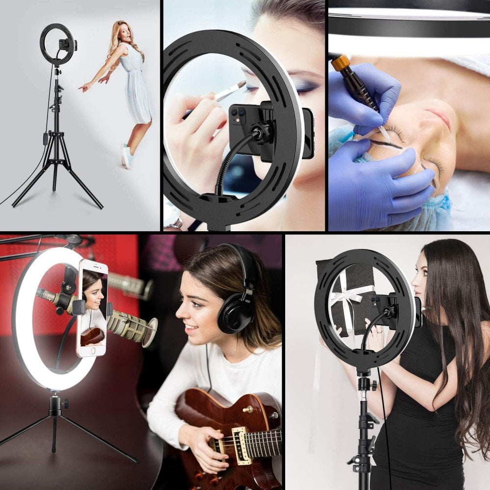 10 inch Selfie Ring Light with Table Top Stand & Cell Phone Holder for Live Stream, Makeup, YouTube Video, Photography TikTok, & more compatible with Universal Phone (Black) Tripod not included