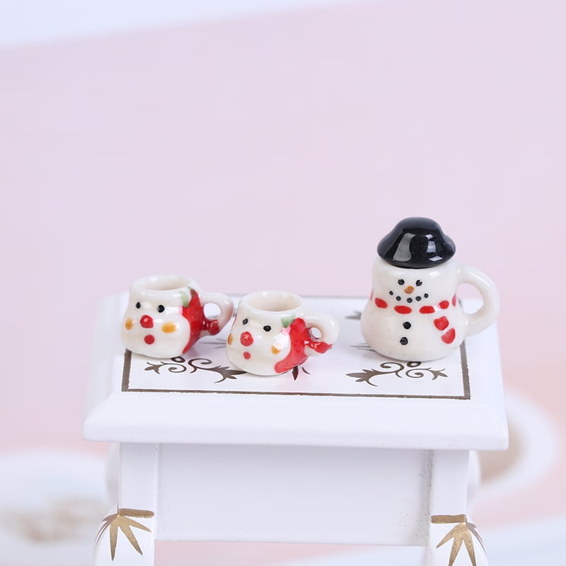 Holiday Decor Miniature Snowman Platter and Mug Set Mini Ceramic Dish Set 1:12 Scale Dollhouse Miniatures Dollhouse Accessory
