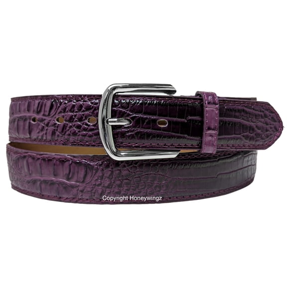 Men Purple Faux Crocodile Alligator Skin Leather Belt